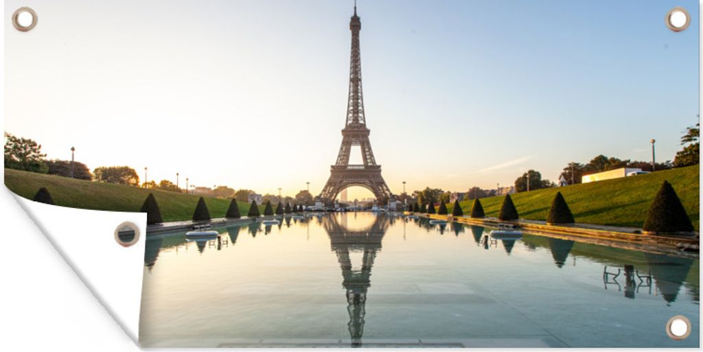 MuchoWow 80x40 cm Outdoor-Poster Gartendeko Sichtschutz Garten Poster für den Garten Paris - Eiffelturm - Wasser