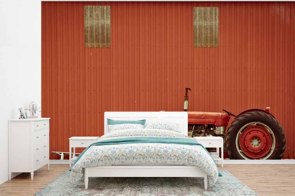 MuchoWow Fototapete für Wohnzimmer oder Schlafzimmer Wandtapete Vinyl Motivtapete Traktor - Scheune - Rot - Bauernhof - 350x260 cm - Wohnzimmer-...