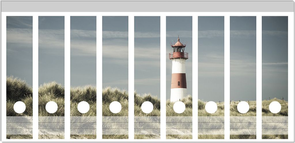 Wallario Ordnerrücken Sticker, selbstklebend für breite Ordner, 9 Stück, Motiv Leuchtturm auf der Düne am Strand