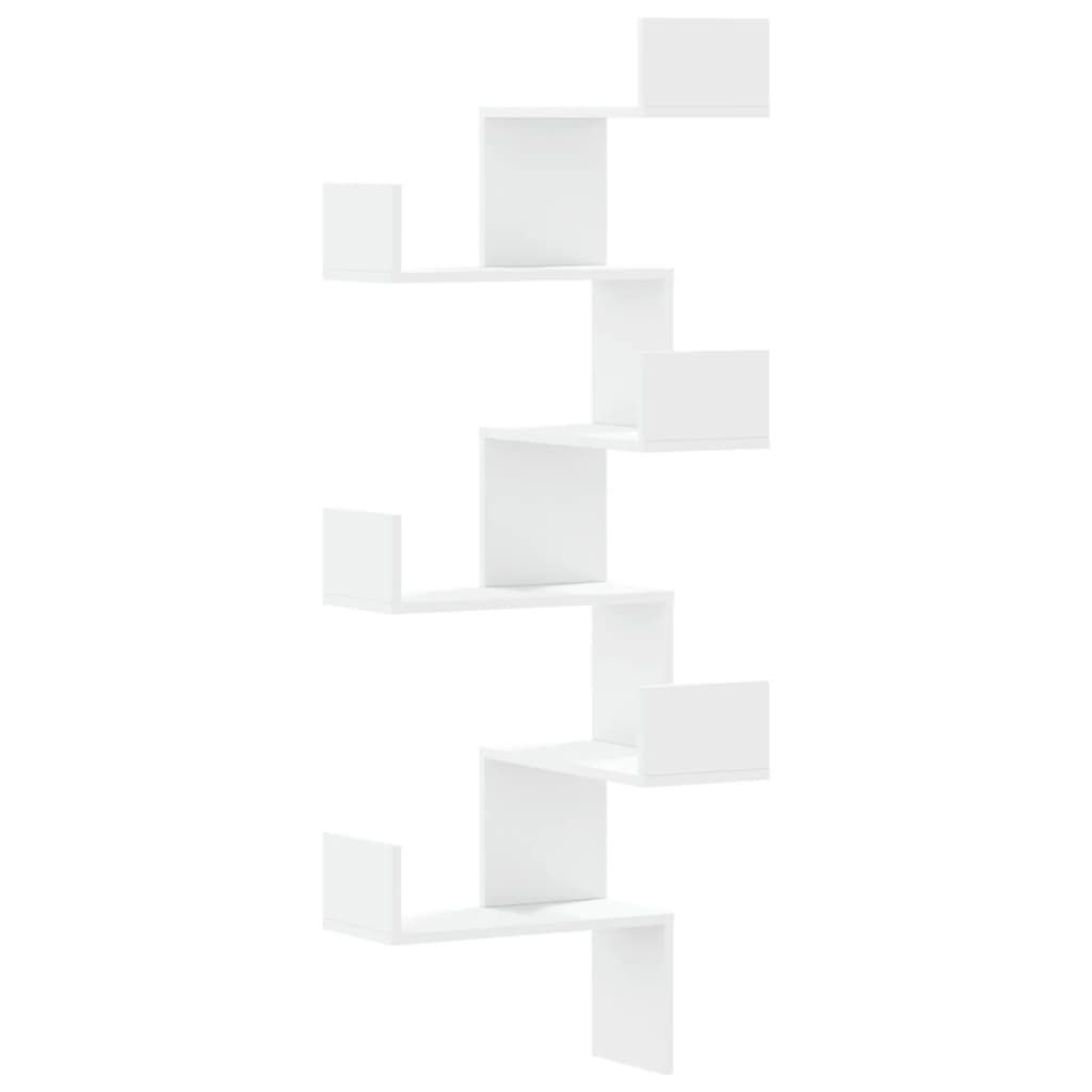 A white, zig-zag shaped wall shelf unit against a white background.