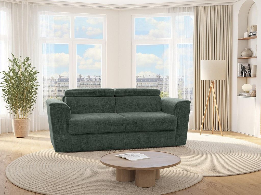 Schlafsofa mit Matratze 3-Sitzer - Strukturstoff - Grün - Liegefläche mit breiten Latten 140 cm - Matratze 22 cm mit Memory-Schaum - RIZORA