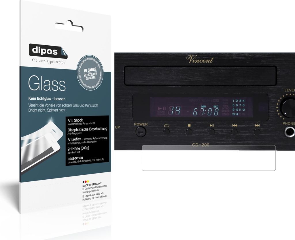 2x Schutzfolie für Vincent CD-200 matt - Anti-Shock 9H Folie dipos Glass Kunststoffglas