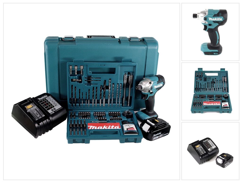 Makita DTD 156 SFK Akku Schlagschrauber 18V 155Nm 1/4" + 1x Akku 3,0Ah + Ladegerät + 100 tlg. Bit Bohrer Set + Koffer