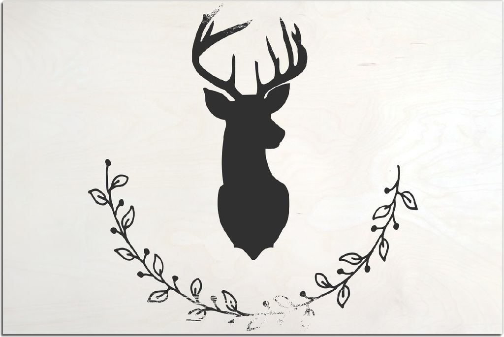 Kunstdrucke Wandbilder Holz in : Brillante Farben, Größe 60 x 90 cm Motiv Schwarze Hirsch Silhouette mit Zweigen - schwarz weiß