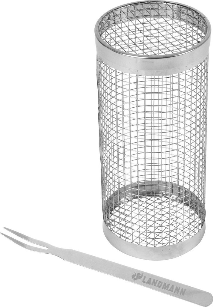 LANDMANN Grillkorb rund mit Gabel aus Edelstahl 20x9cm Grillzubehör Gemüsekorb Camping