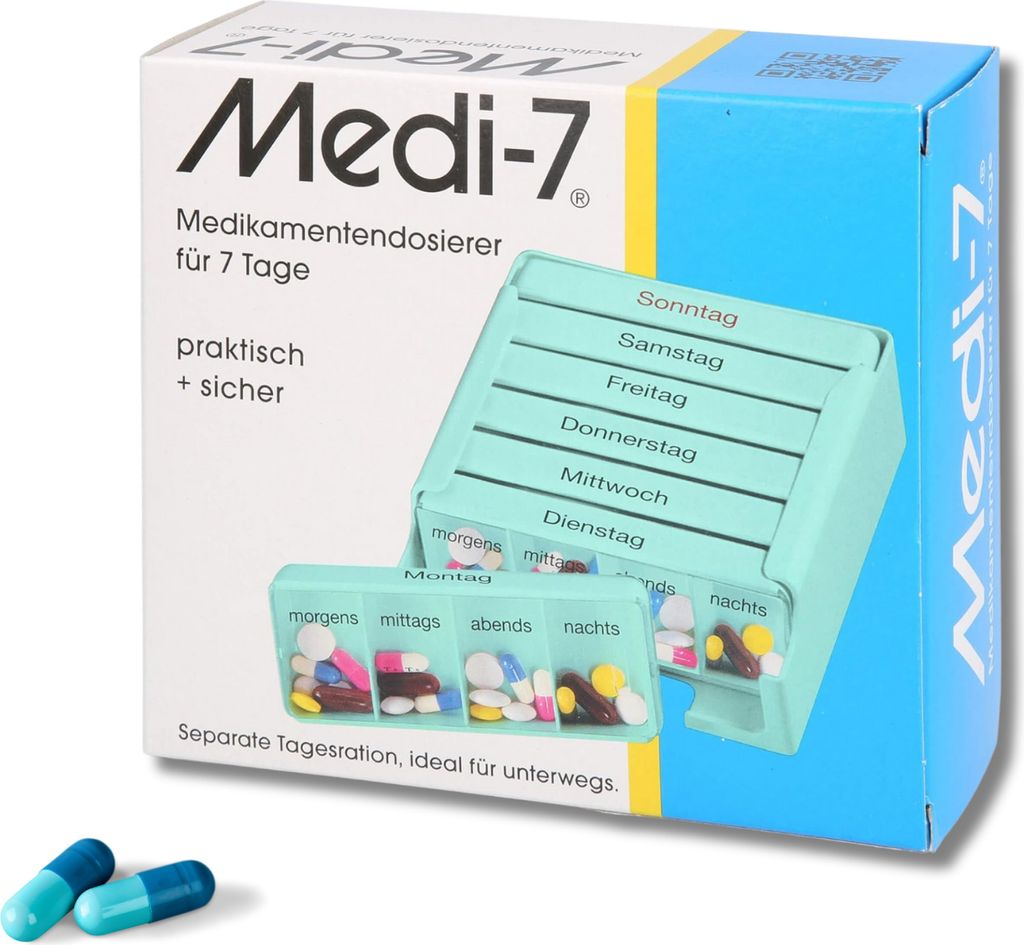A product box for a 7-day medication dispenser, with the dispenser and pills shown.