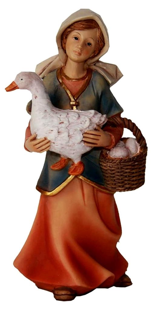 Krippenfigur Magd mit Gans und Korb