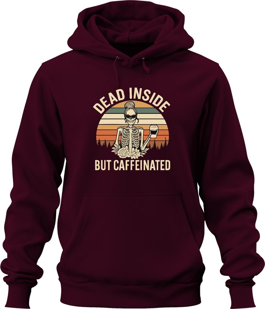 Dead Inside But Caffeinated Kaffee Skelett Gothic Halloween Retro Uni Hoodie Kapuzenpullover, Burgundy, L