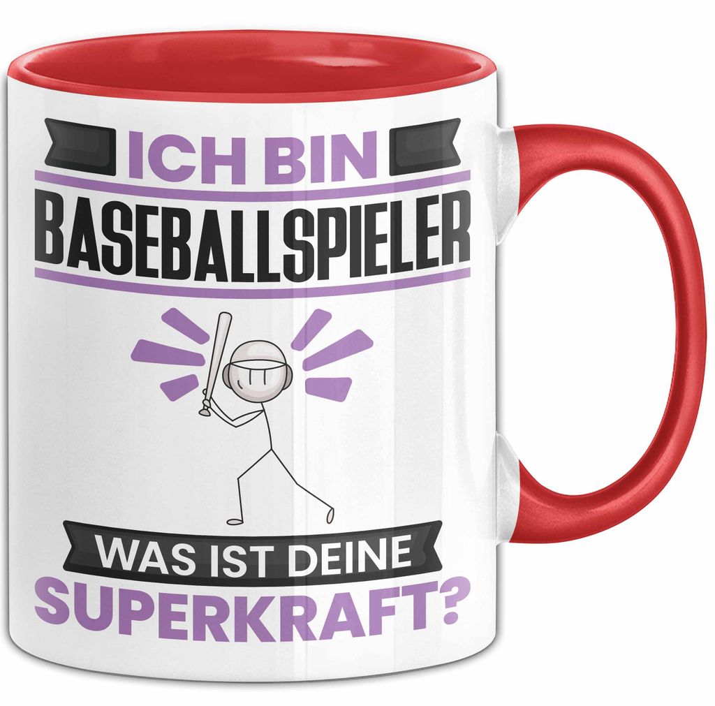 Baseballspieler Tasse Geschenk für Baseballspieler Geburtstag Lustiger Spruch Kaffee-Becher Was Ist Deine Superkraft (Rot)