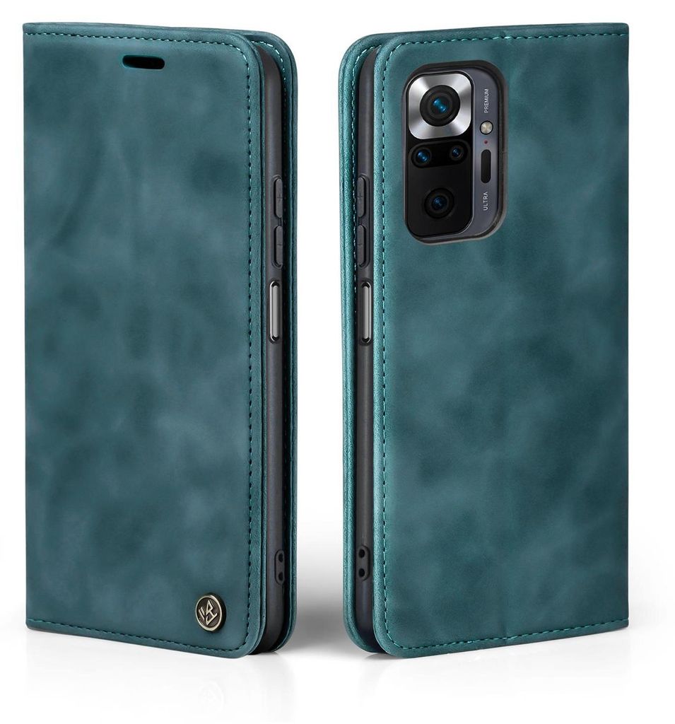 A teal flip case for a smartphone is shown from two angles, front and back.