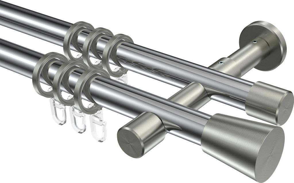 Interdeco Gardinenstange / Vorhangstange Chrom / Edelstahl-Optik, Typ Prestige Sitra (Konus), 20 mm Ø 2-läufig, 100 cm