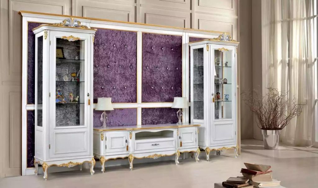 Wohnwand TV Ständer RTV 2x Vitrine Holz Klassische Weiß Wohnzimmer Neu
