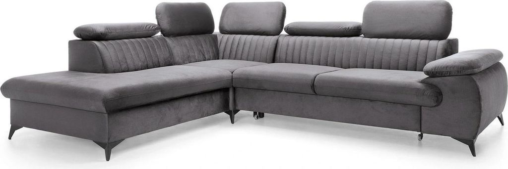 Ecksofa VETTO Monolith 92 Dunkelgrau Graphit Samt Velours Schlafsofa Bettkasten Verstellbare Kopfstützen Links