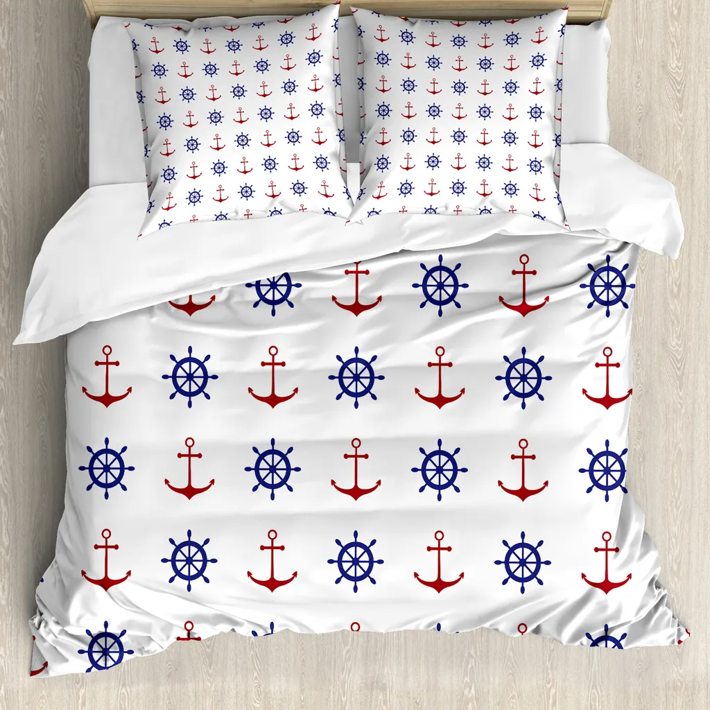 ABAKUHAUS Vita nel mare Set copripiumino Per letti matrimoniali, ancore e timoni, antiacaro Adatto a chi soffre di allergie Con federe, blu navy e rubino