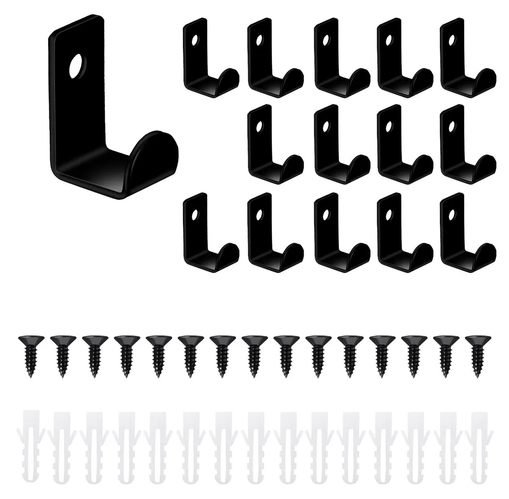 Crochets muraux noirs en métal haute résistance avec vis, lot de 15
