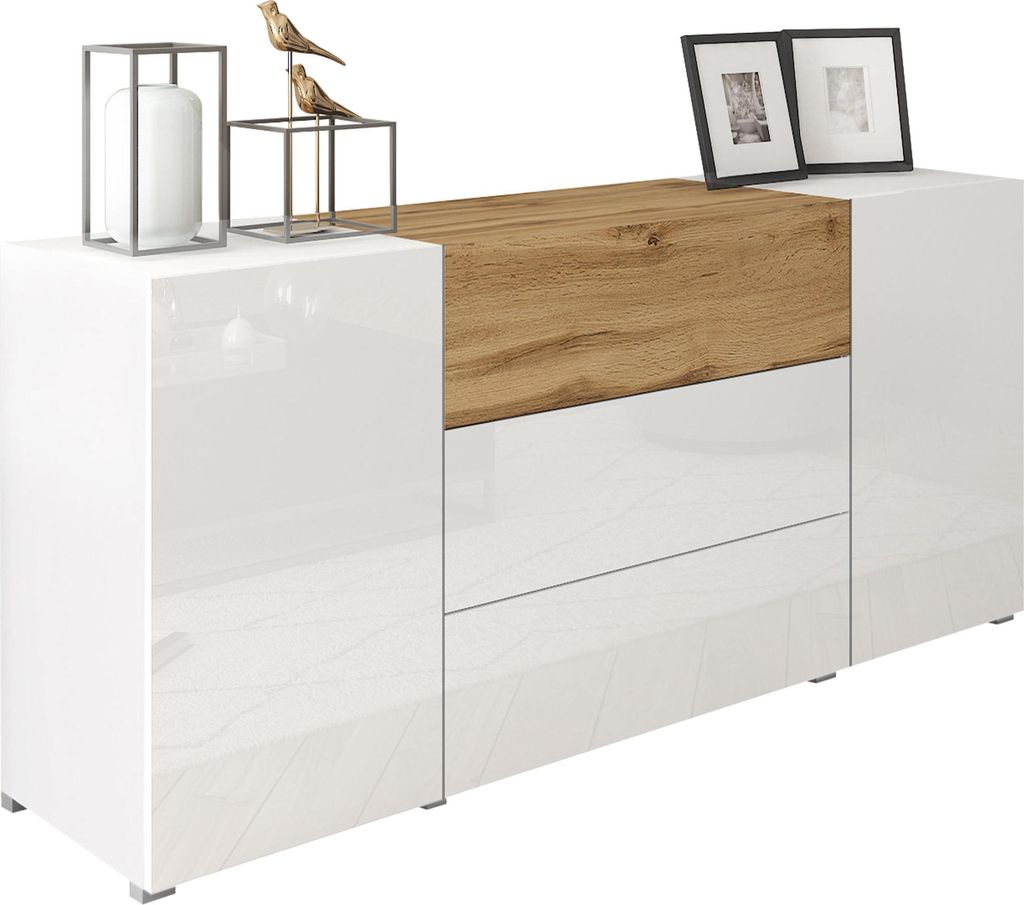 MIRJAN24 Türkommode Berlin 150, Stilvoll Wohnzimmer, Kommode mit zwei Drehtüren und drei Schubladen (Farbe: Weiß / Wotan + Weiß Hochglanz / Wotan)