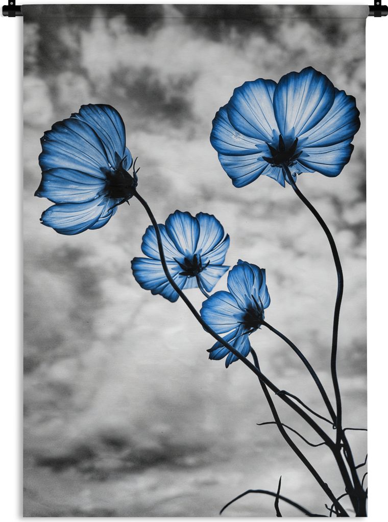 MuchoWow Wandteppich Wandbehang Blumen - Blau - Schwarz - Weiß 90x135 cm Tapisserie Dekoration Wandtuch - Baumwolle - Wandskulptur