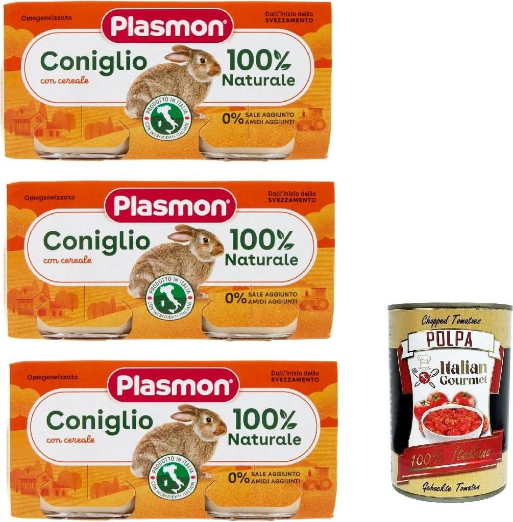Plasmon Carne Coniglio e cereale 3x (2x80g) Mit italienischem Fleisch, ohne Stärken und Räume hinzugefügt + Italian Gourmet polpa 400g