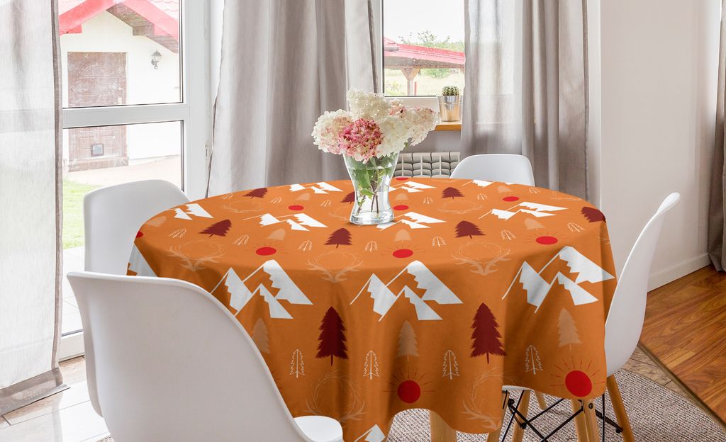 ABAKUHAUS Landschaft Runde Tischdecke, Symmetrische Wald Artikel, Kreis Tischdecke Abdeckung für Esszimmer Küche Dekoration, 150 cm, Orange Burgu...