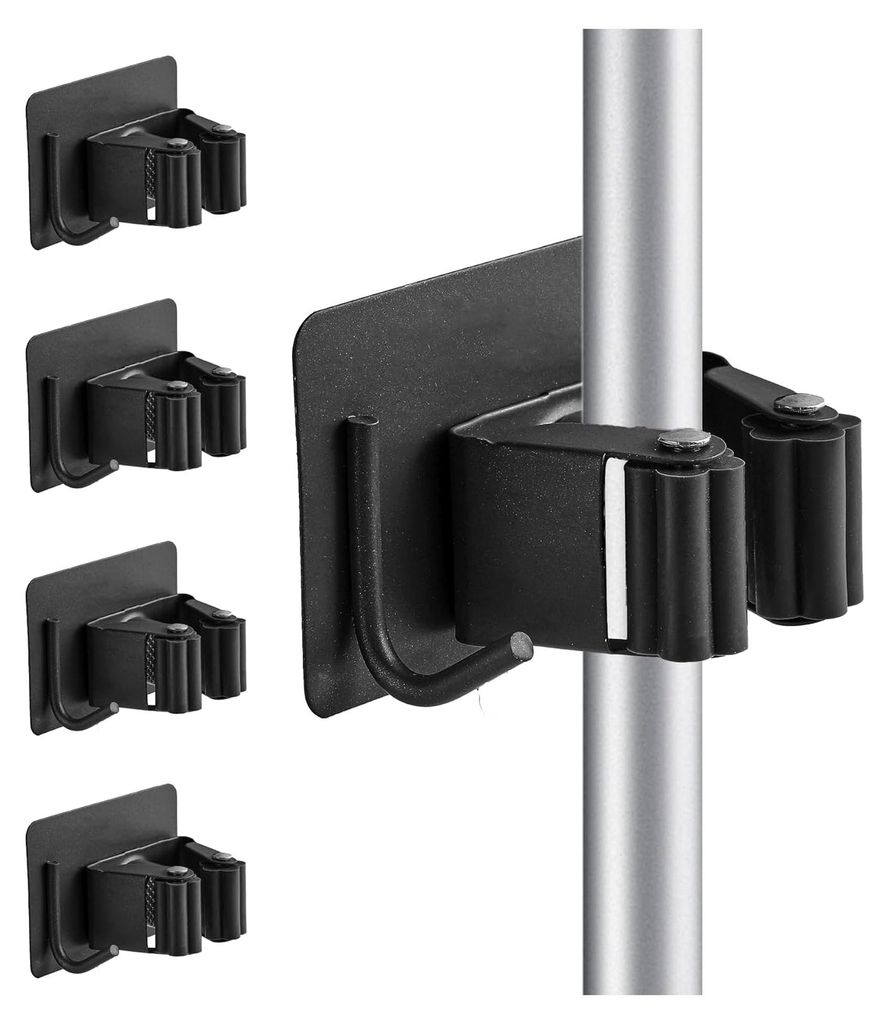 Wandbesenhalterung, 4 Stück Edelstahl Besenhalter mit Haken Selbstklebend, Mop Halterung ohne Bohren für Küche, Wischmopp, Badezimmer, Garten, S...