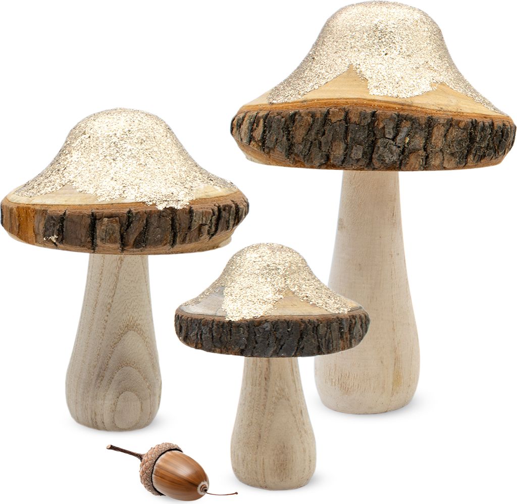 Set de 3 champignons en bois avec paillettes dorées - 18 / Image du produit 