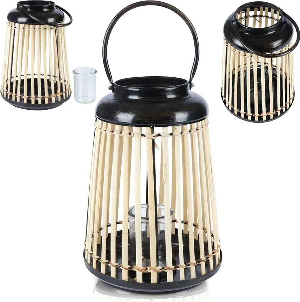 Lanterne Jardin Anti-Vent en Bambou 33 cm Protège Bougie Déco Balcon