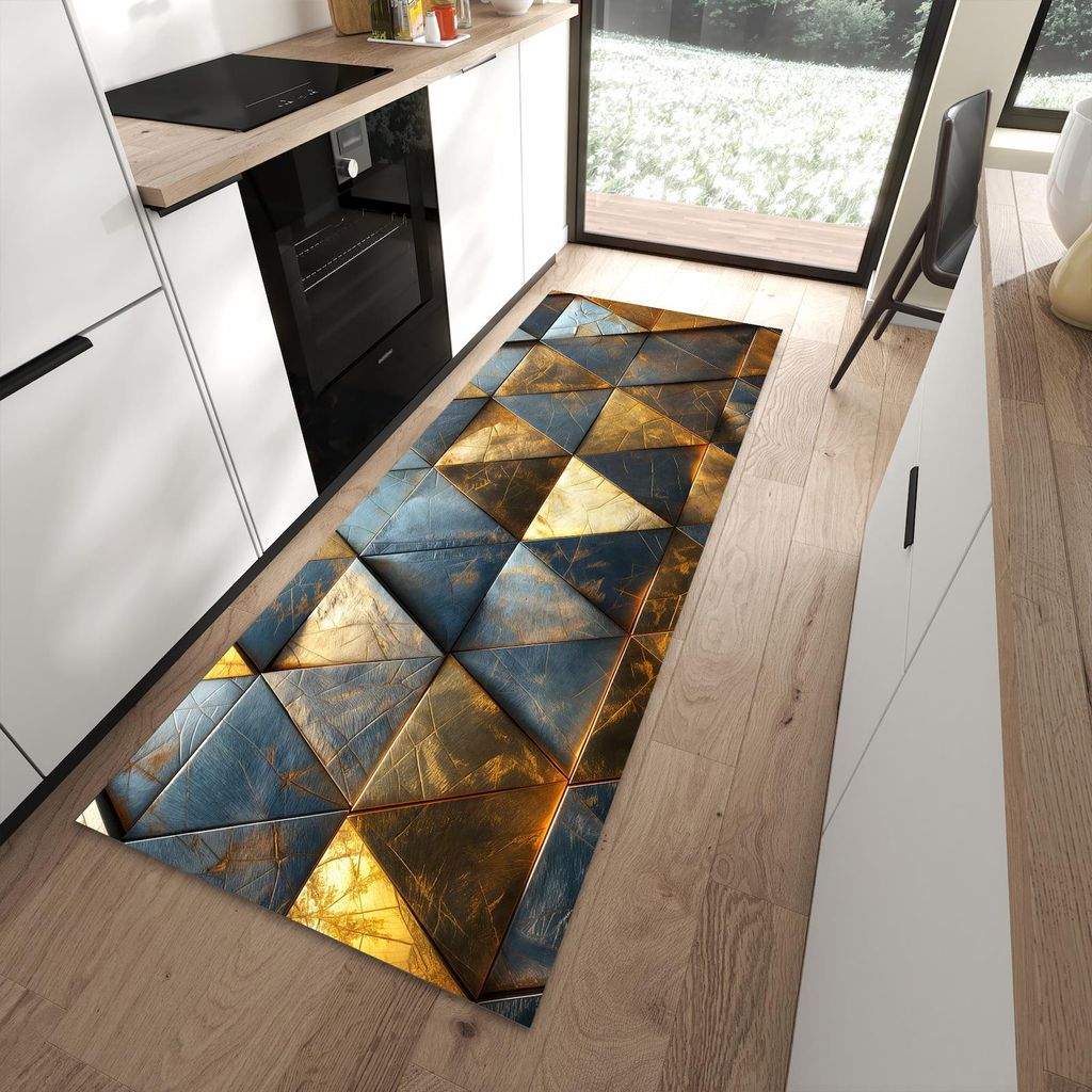 Küchenteppich 90x240cm rutschfest & abwischbar PVC Läufer - Geometrische Wandkunst