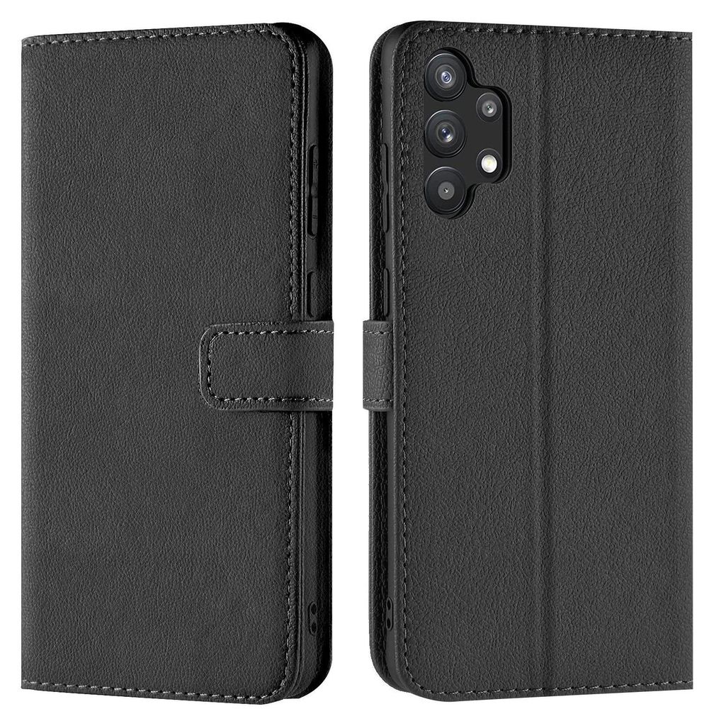 A black book-style phone case is shown from the front and back.