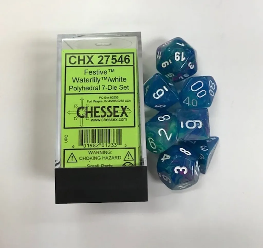Dés JDR Lisibles et Robustes : Set Chessex Festive Nénuphar et Blanc