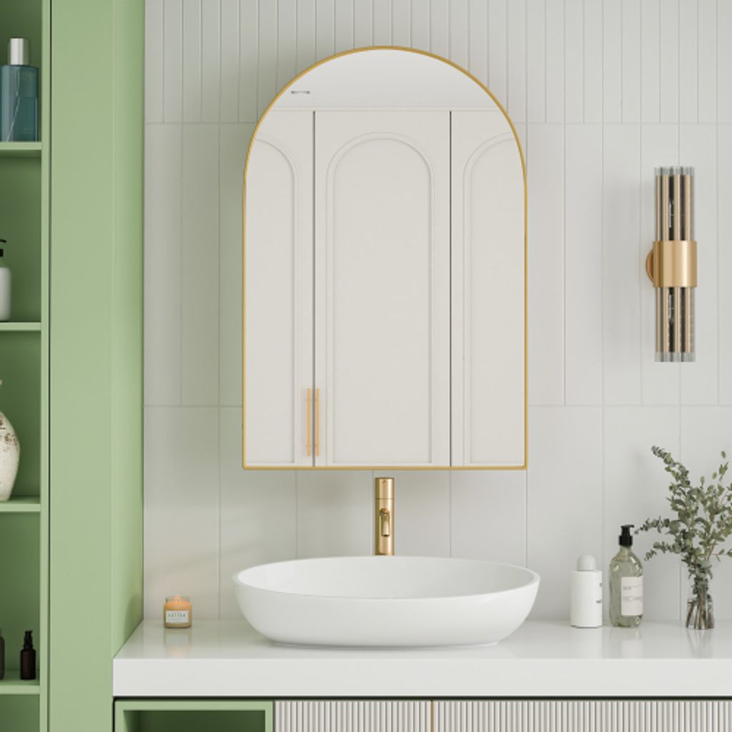 A modern bathroom vanity with a sink, faucet, and arched mirror.