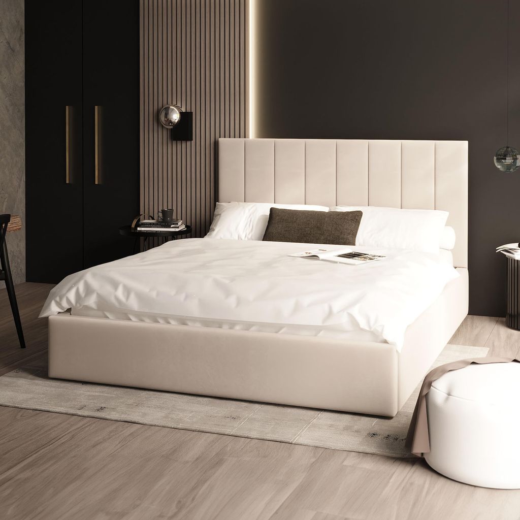 FDM Bett Kaja Trinity 120x200 cm Polsterbett mit Lattenrost aus Metall Bettkasten Stauraumbett Samt beige