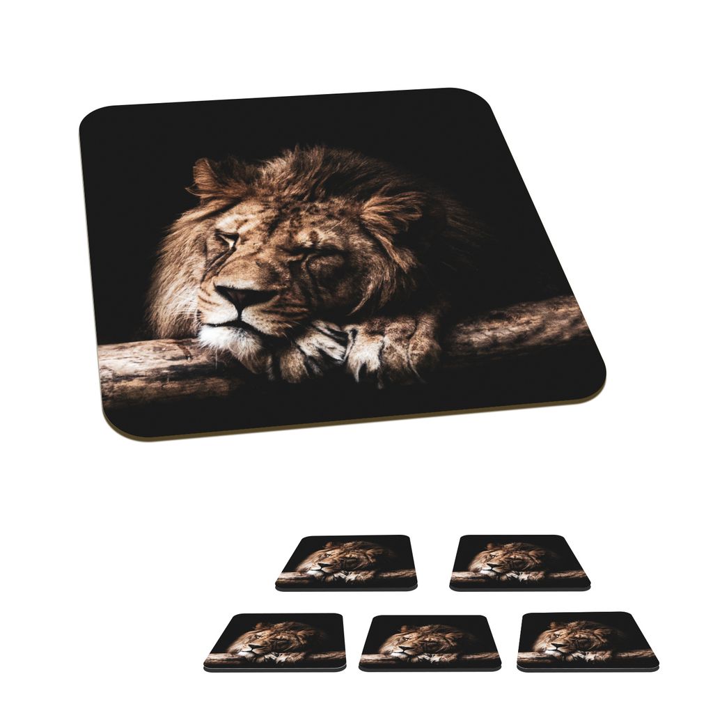 KitchenYeah Glasuntersetzer Quadratisch 6er Set Löwe - Baum - Schlaf 10x10 cm Untersetzer für Gläser - Getränkeuntersetzer - Tischplattensch...