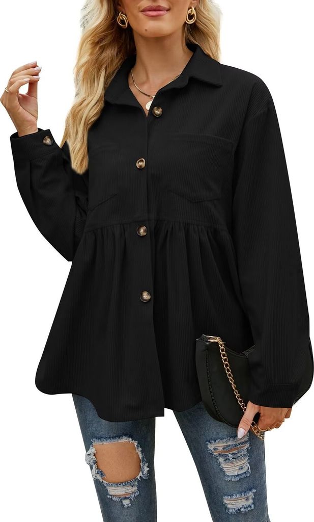 ASKSA Women's Blouse Corduroy Shirt Babydoll Shacket Jacket Lapels Long Sleeve Shirts, Schwarz, XL