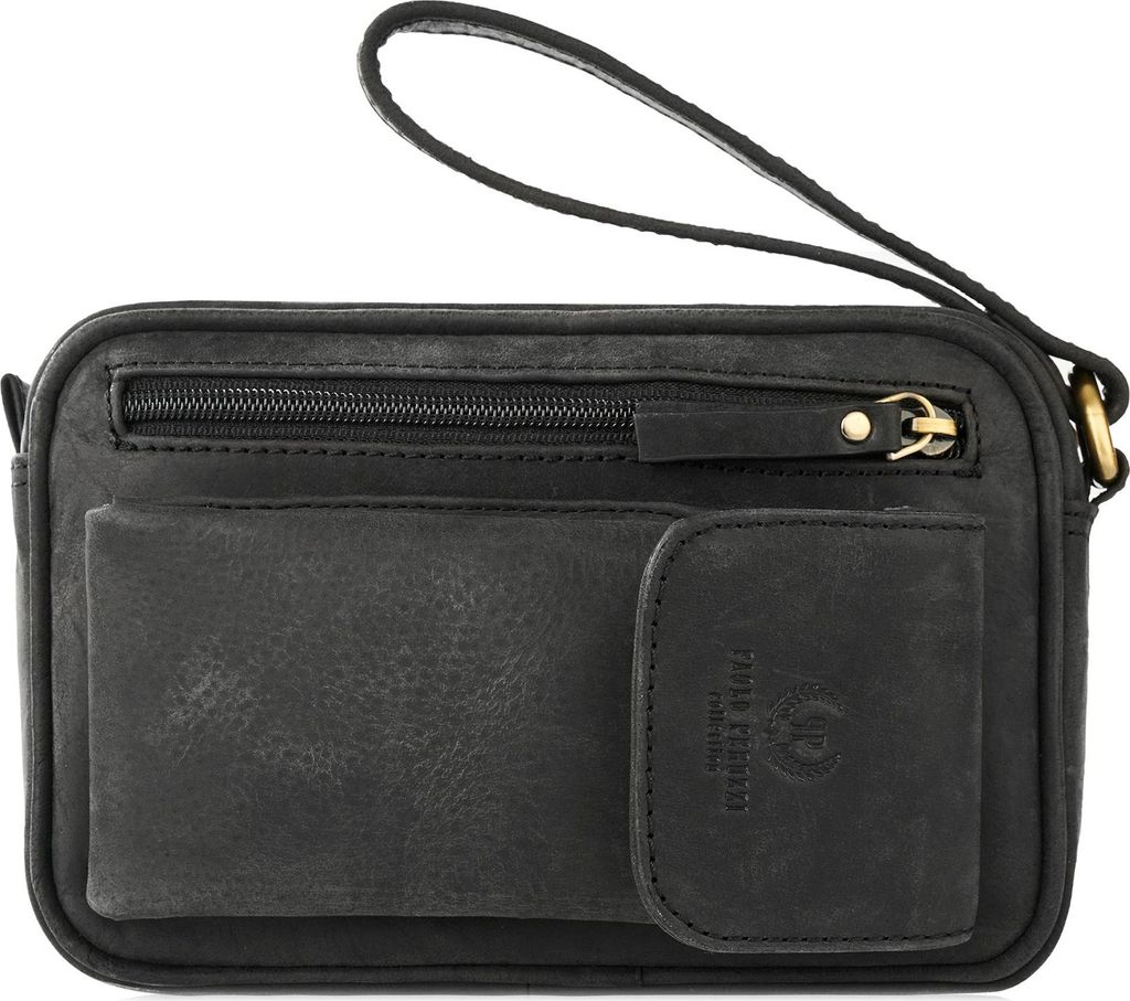 Paolo Peruzzi Herren Leder Tasche Reißverschluss Handgelenkschlaufe Vintage Echtleder Schwarz