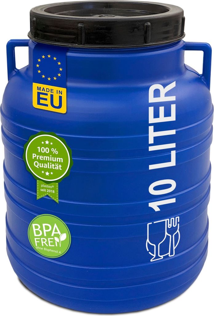 plasteo 10 Liter Weithalsfass blau mit Deckel und Griffen, Lebensmittelecht BPA-Frei Campingtonne Sauerkrautfass Futtertonne Schraubdeckelfass
