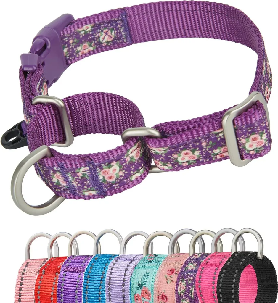 Collier Martingale Chien Moyen Fleurs Violettes avec Boucle Sécurisée