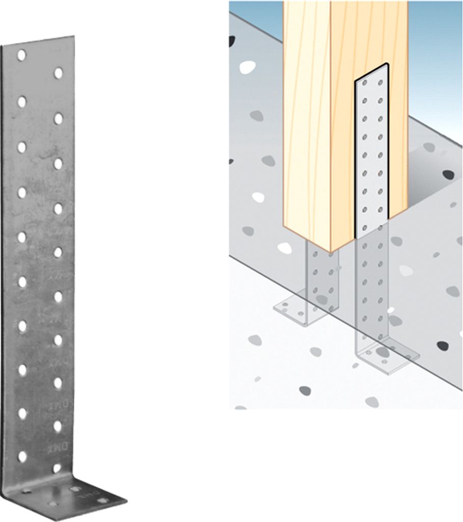 A metal L-shaped bracket and a diagram showing its use to secure a wooden post to a concrete surface.
