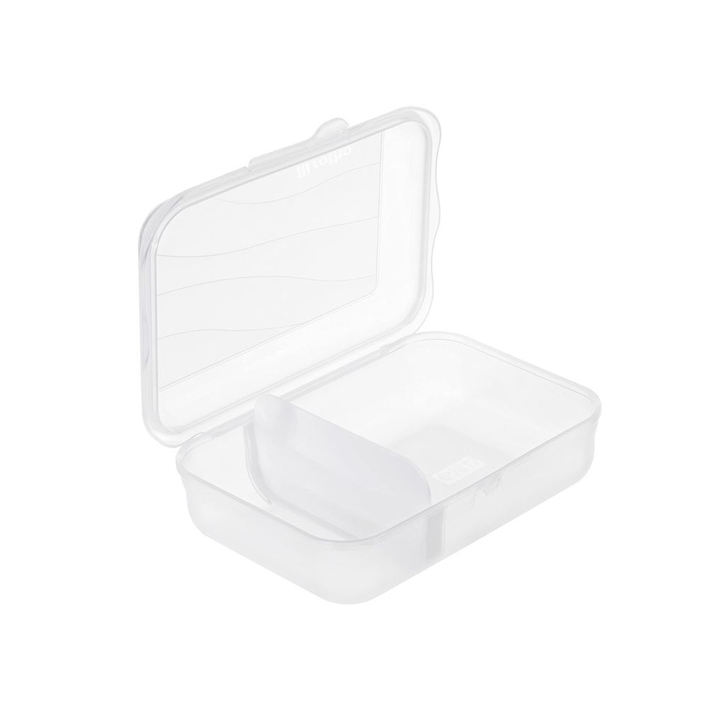 An open, clear plastic container with two compartments, shown against a white background.