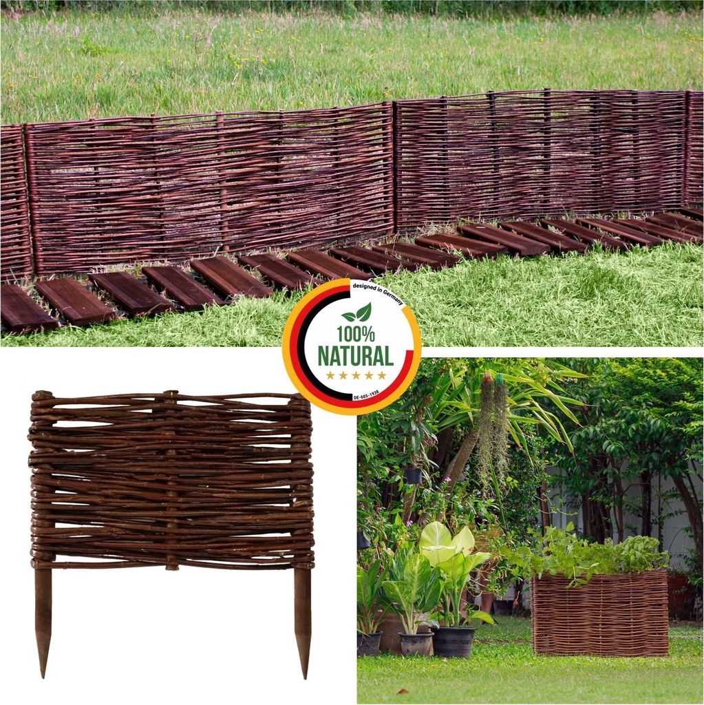 A collage of images showing a woven willow fence, a close-up of a fence section, and a garden scene with plants and a planter.