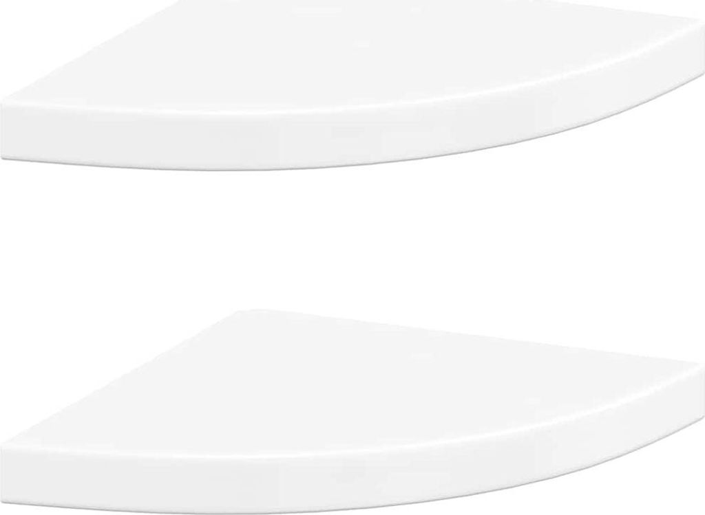 Two white corner shelves are shown against a white background.