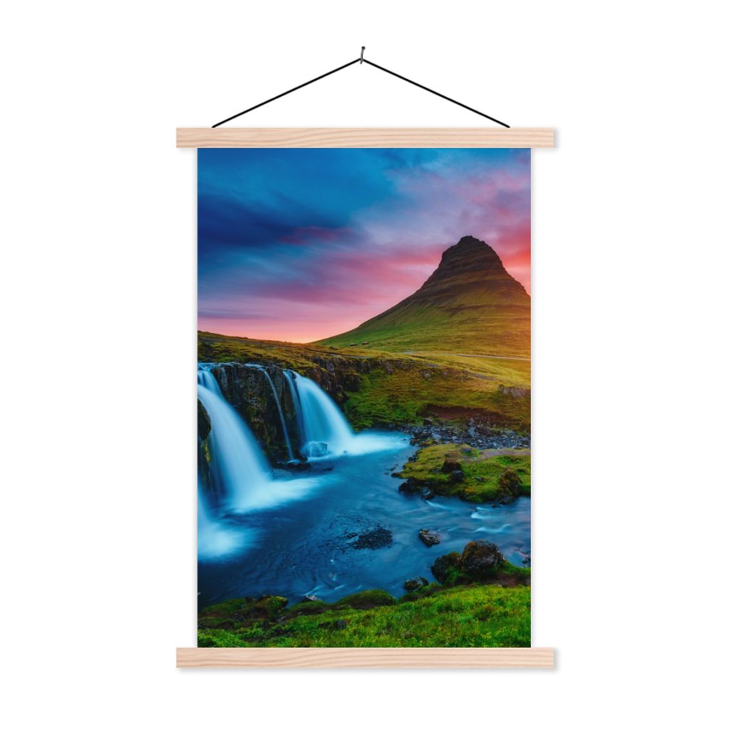 MuchoWow Textilposter Wasserfall - Berg - Moos - Sonnenuntergang - Natur 120x180 cm mit holzfarbenen Rahmen - Textil-Plakat