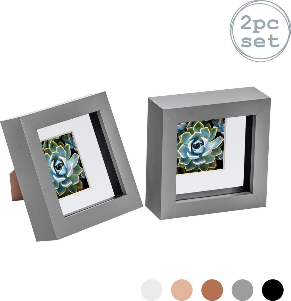 Nicola Spring 2 Stück 4 x 4 3D Shadow Box Photo Frame Set - Craft Anzeigen Bilderrahmen mit 2 x 2 Montieren - Glas Aperture - Grau