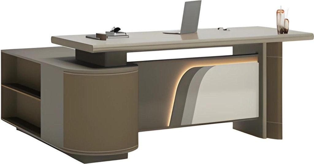 Moderner Schreibtisch Braun und Beige mit LED Beleuchtung für Büro Home Office