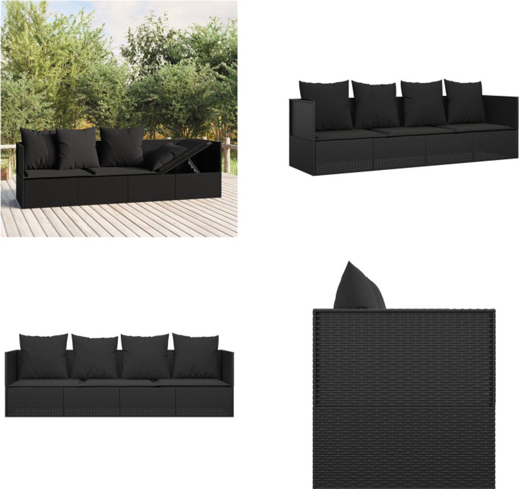A collage of images showing a black outdoor lounge bed with cushions, presented from different angles and in a garden setting.