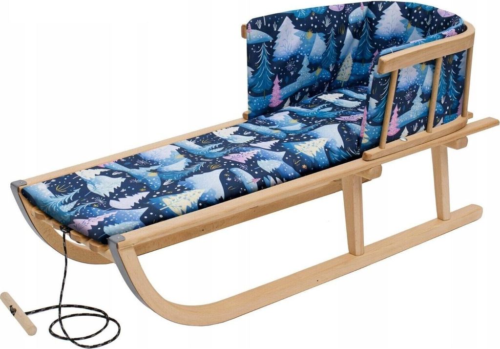 Holzschlitten mit Rückenlehne mit Kissen für Kinder Zugseil Lehne 88 cm Winter 10282