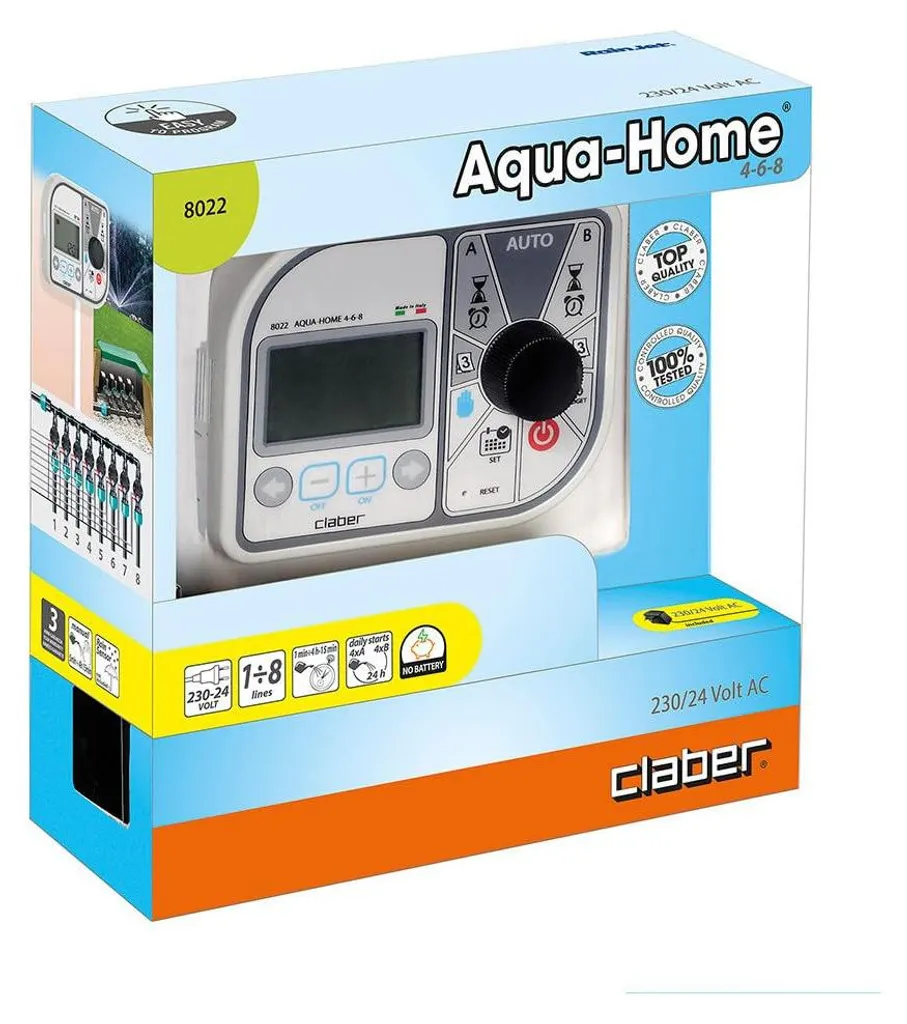 Programmateur d'arrosage mural Claber Aqua-Home 4-6-8 pour électrovanne