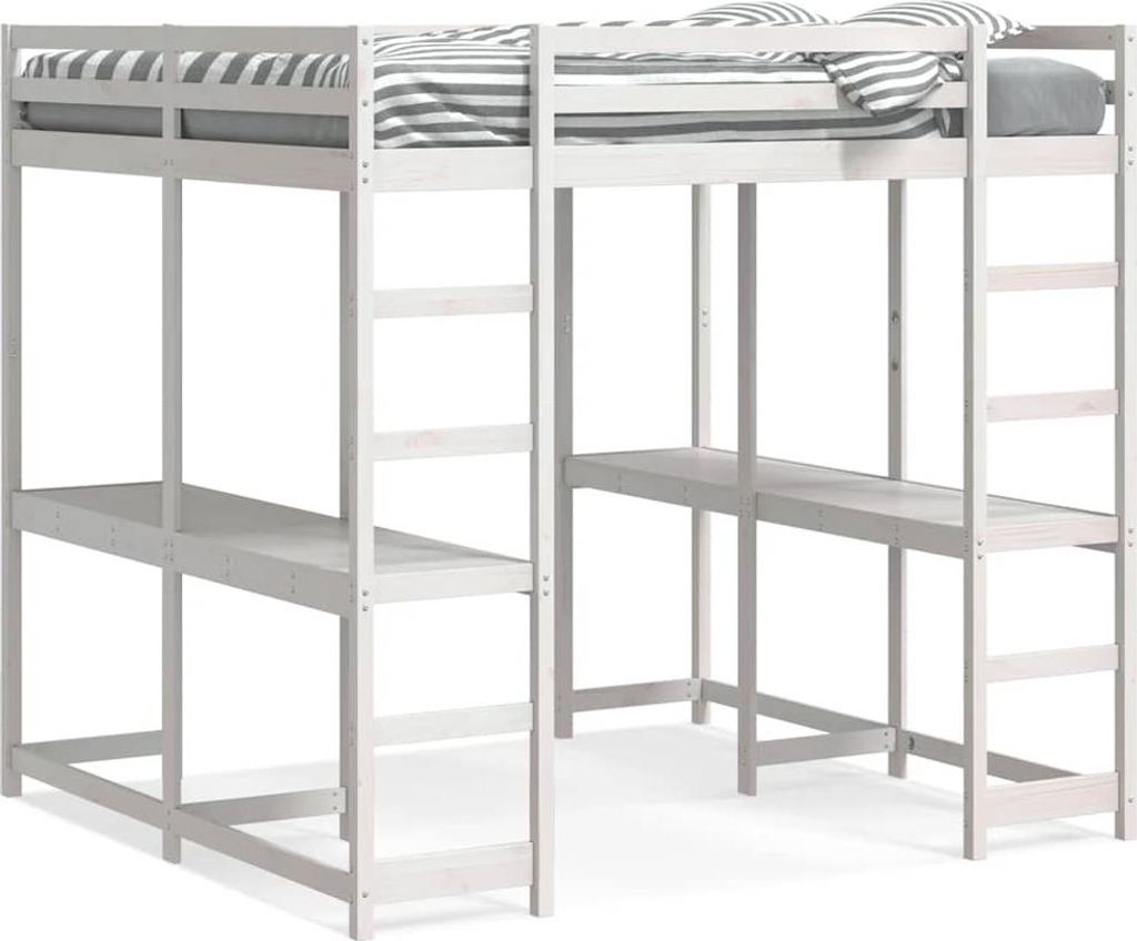 vidaXL Hochbett mit Schreibtisch & Leiter Weiß 140x200 cm Kiefernholz