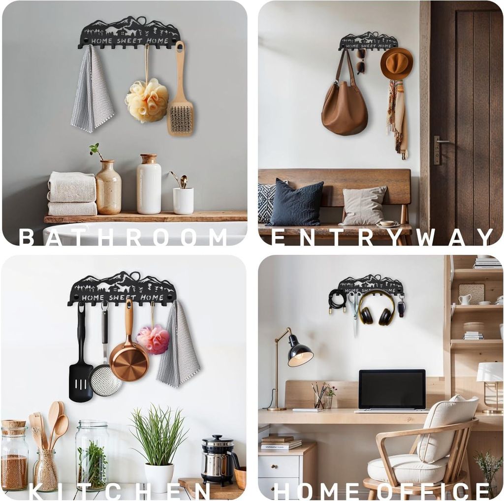 Schlüsselregal schwarz, modernes Schlüsselbrett, Home Sweet Home Schlüsselhaken, Schlüsselhalter Wand, Schlüsselorganizer mit 10 Haken, Wandde...