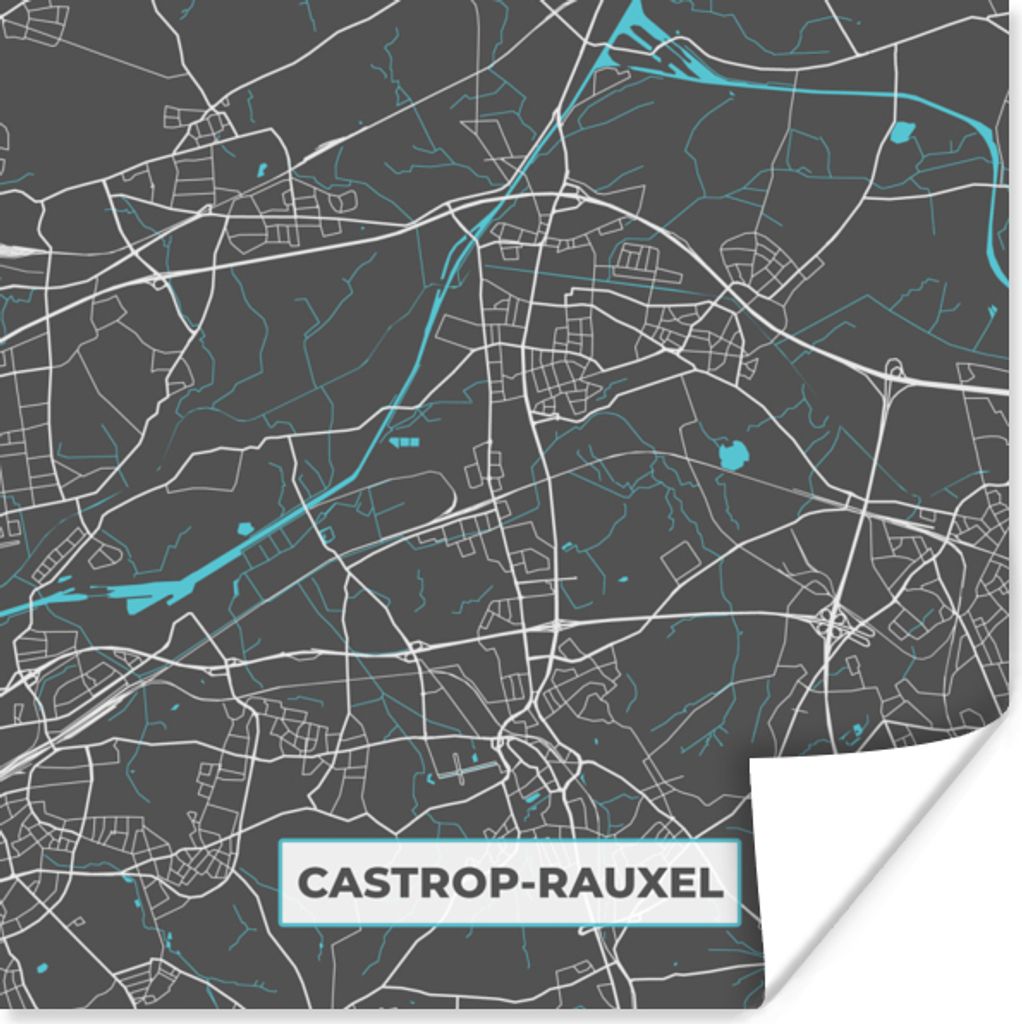 MuchoWow Poster Stadtplan - Deutschlandkarte - Blau - Castrop Rauxel - Karte 100x100 cm - Babyzimmer