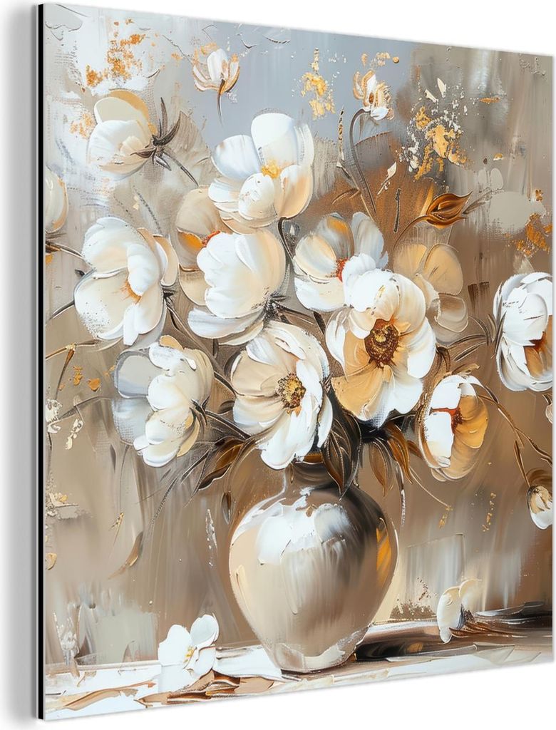 MuchoWow Wanddekoration Metall Metallbild Wandkunst 50x50 cm Vase - Blumen - Kunst - Gold MuchoWow Aluminium Gemälde - Alubild - Industrial